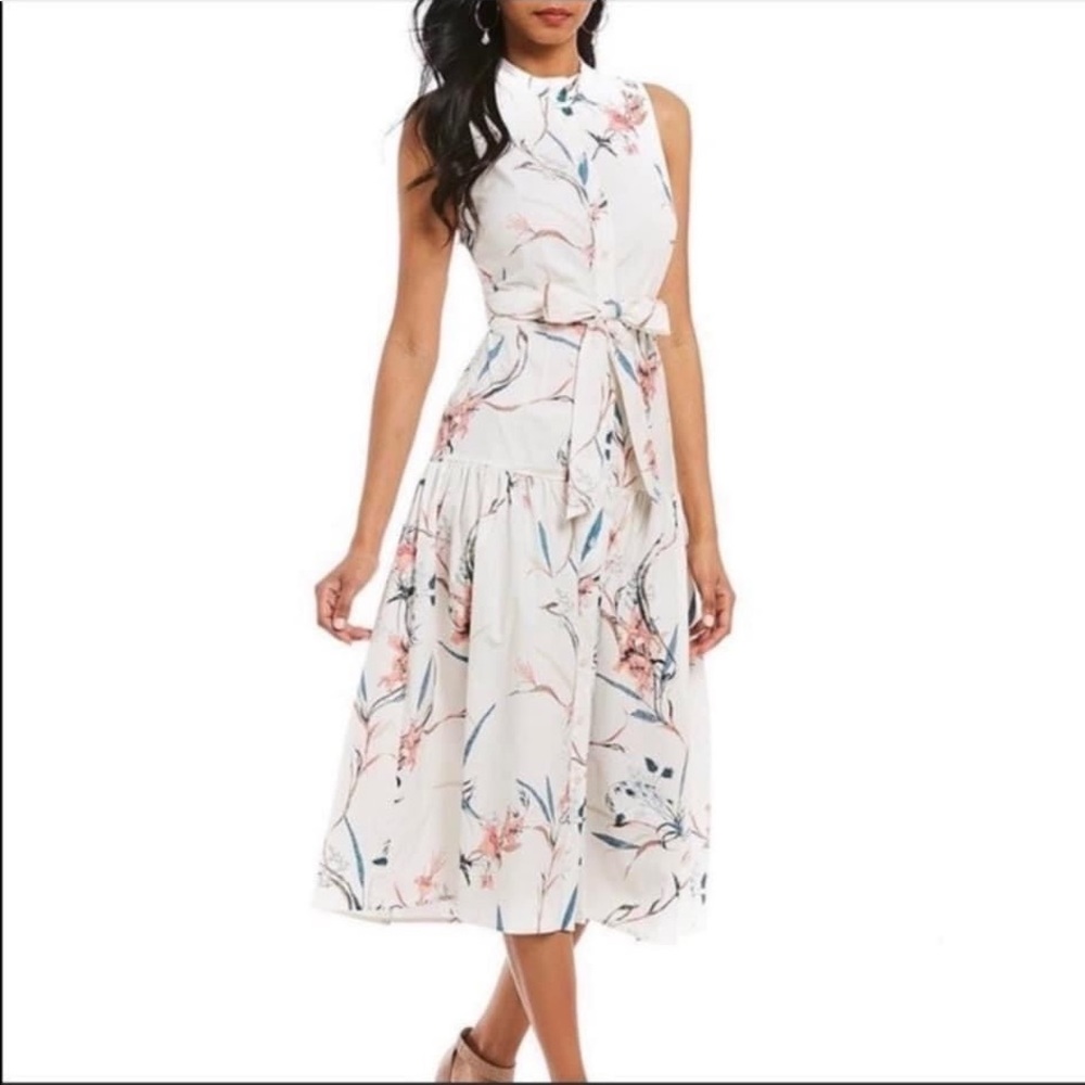 SOLD BNWT Antonio Melani Floral & Ivory button & tie waist midi dress Size 2.